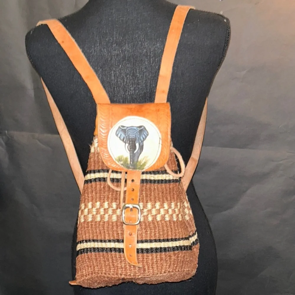 Brown Woven Backpack with African Theme Elephant Design